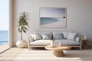 A white living room with a large framed picture of the ocean photo