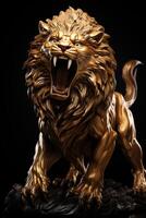 Golden lion statue on black background photo