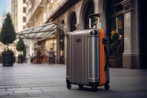 A suitcase sitting on the street in front of a building photo