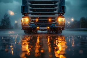 A truck driving down a wet road at night photo