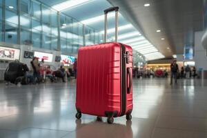 A red suitcase sitting on the floor in an airport photo