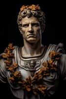 A statue of a man with flowers around his neck photo