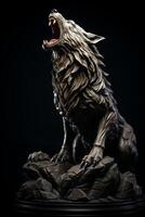 A statue of a wolf howling on a rock photo
