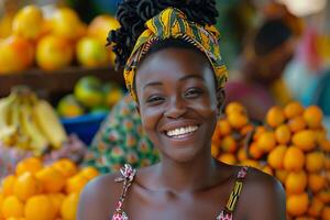 A smiling woman in front of a bunch of oranges photo