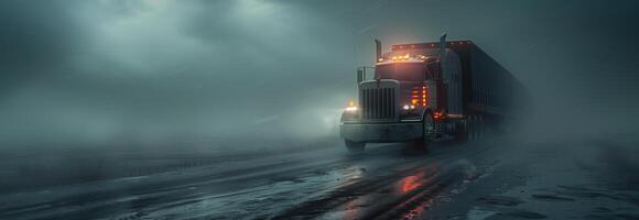 A semi truck driving down a road in the fog photo