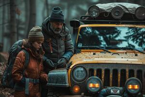 A man and woman standing next to a jeep in the woods photo