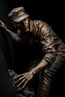A bronze statue of a man in a hat and cap photo