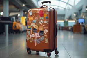 A suitcase with stickers on it in an airport photo