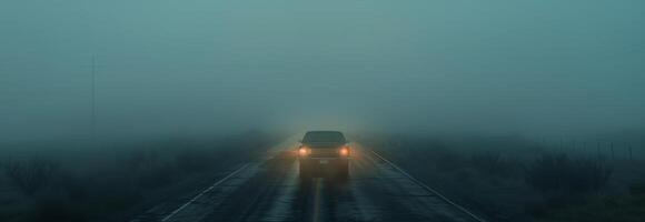 A truck is driving down a road in the fog photo