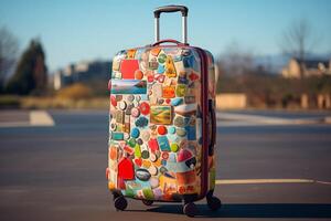 A colorful suitcase sitting on the ground photo