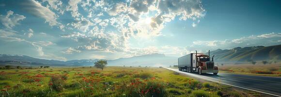 A truck driving down a road in the middle of a field photo