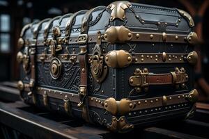 A large black and gold trunk sitting on a train track photo