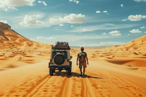 Man walking in the desert with his car photo