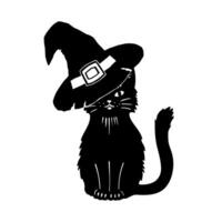 Magic black cat with witches hat front view. The witch s cat. Halloween pet. Sketch style illustration vector