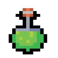 Pixel art green potion bottle in retro 8-bit style isolated on a white background. Game interface, pixelated life bar and menu button. Button 8 bit pixel vector