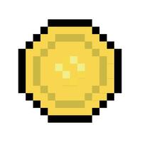 Pixel art gold coin in retro 8-bit style isolated on a white background. Game interface, pixelated life bar and menu button. Button 8 bit pixel vector