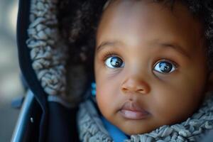 A close up of a baby with blue eyes photo