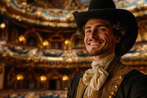 A man in a costume smiling in a large auditorium photo