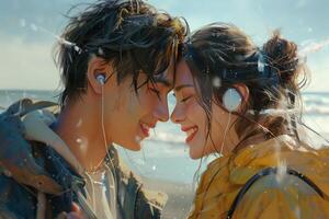 A couple is smiling and listening to music photo