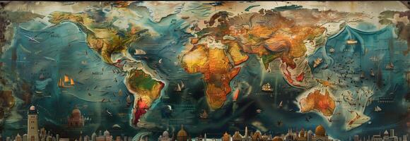 A painting of a world map with many different types of ships photo