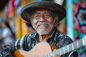 An old man with a hat and guitar photo