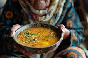A woman holding a bowl of soup photo