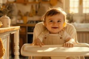 A baby sitting in a high chair with a smile on its face photo