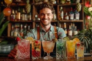 A man is smiling behind a bar with several different drinks photo