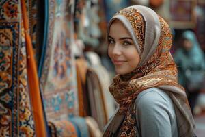 A woman wearing a headscarf in a market photo