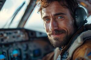 A man in an airplane with headphones on photo