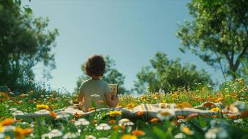 A man and woman sitting in a field of flowers photo