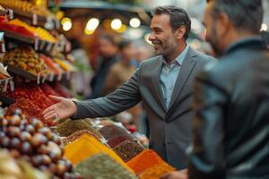 A man in a suit is standing in front of a display of spices photo