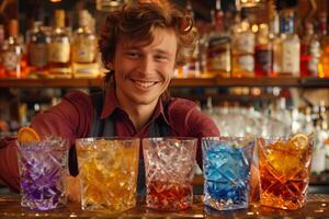 A man is smiling behind a bar with several different colored drinks photo