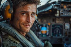 A man in a pilot's seat with headphones on photo