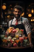 A man with a tie and a beard standing in front of a table with drinks photo