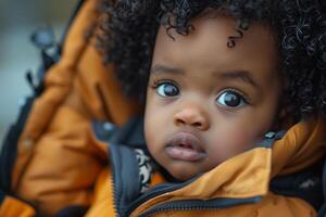 A baby with curly hair is looking at the camera photo