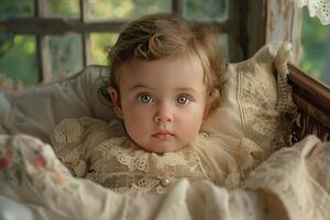 A baby girl in a lace dress looking at the camera photo
