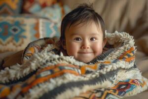 A baby is wrapped in a blanket on a bed photo