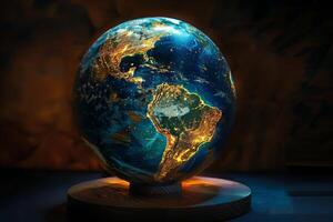 The earth globe is lit up with glowing lights photo
