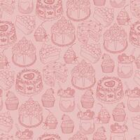 This is a pattern featuring various types of baked goods such as cakes, pies, tarts, and muffins arranged in a format. The bakery items are hand-drawn and have a sketchy style. vector