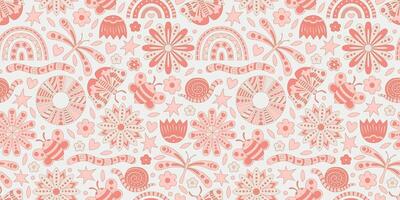 Boho style pattern in pink pastel colors. A variety of backgrounds depicting butterflies, flowers, vector