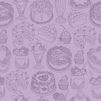 This is a purple pattern featuring various types of baked goods such as cakes, pies, tarts, and muffins arranged in a format. The bakery items are hand-drawn and have a sketchy style. vector