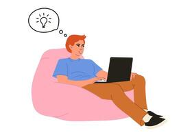 A student studies at a computer on a pouf. A young guy works in a coworking space on a laptop. College student. Isolated illustration on a white background. vector