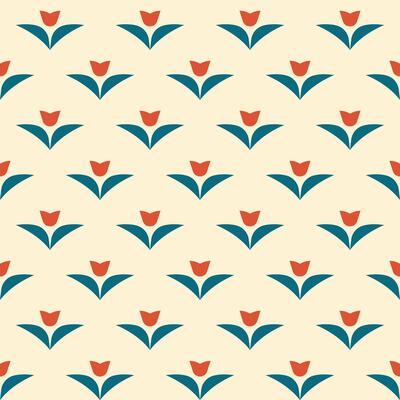 Simple decorative tile pattern with red tulips. Cool spring pattern with geometric decorative tulip. Folk Nordic style art. Wrapping paper and fabric.