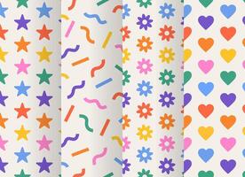 A set of four rainbow patterns with stars, hearts, flowers, and lines. The patterns are bright and cheerful. Pride Month, LGBT. Vintage 70s style abstract hippie patterns. Minimalistic design. vector