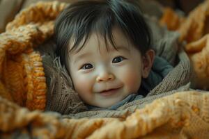 A baby smiling while wrapped in a blanket photo