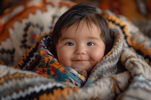 A baby wrapped in blankets smiles for the camera photo