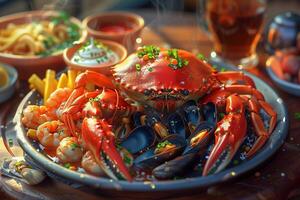 A plate of crab and other seafood on a table photo