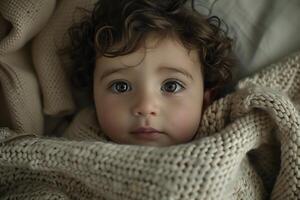 A young child wrapped in a blanket photo