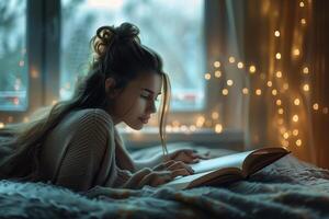 A woman reading a book in front of a window photo